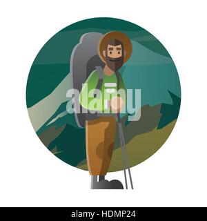 Vektor-Illustration zum Thema Wandern, Wandern, Klettern, Reisen, trekking, Wandern. Mann mit Riesen-Rucksack. Abenteuer in der Natur, im freien Stock Vektor