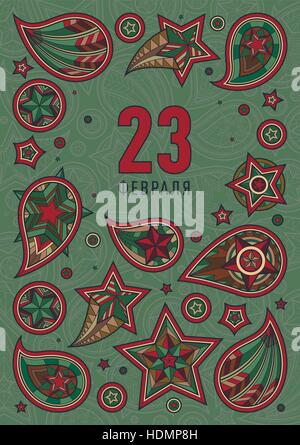 23 Februar-Gruß-Postkarte mit Hand gezeichnet farbigen Sternen und paisley wirbelt auf grünem Hintergrund mit Ornament. Tag der Verteidiger des Vaterlandes. Patr Stock Vektor