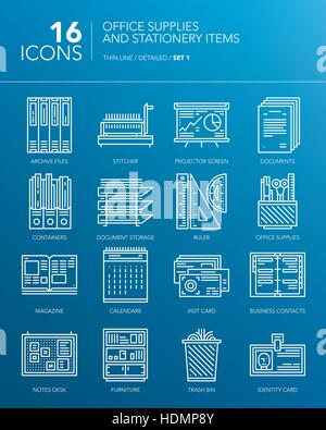 Dünne Linie Symbole für Büro- und detailliert. Bürobedarf und Schreibwaren. Dokumente, Kalender, Lineale, Visitenkarten und andere Gegenstände. Ve Stock Vektor