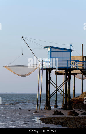 Traditionellen Fischerhütten gebaut auf Pfählen auf der Gironde, Fischernetze, Meschers Sur Gironde, Cote de Beaute, Charente-Maritime Stockfoto