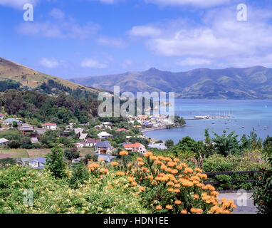 Akaroa Harbour, Akaroa, Banken Halbinsel, Region Canterbury, Südinsel, Neuseeland Stockfoto