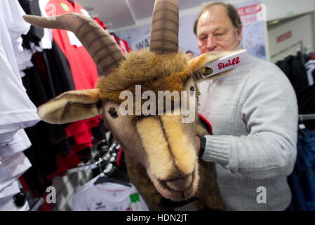 Köln, Deutschland. 7. Dezember 2016. Ein Fan schaut das lebensgroße Plüschtier von der Club-Maskottchen der 1. FC Köln, der Geißbock Hennes VIII., die für 1.948 Euro an den Fan-Shop der Bundesliga-Fußball-Club in Köln, Deutschland, 7. Dezember 2016 gekauft werden können. Foto: Henning Kaiser/Dpa/Alamy Live News Stockfoto