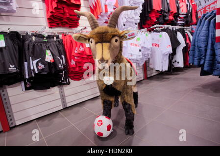 Köln, Deutschland. 7. Dezember 2016. Der Club-Maskottchen der 1. FC Köln, der Geißbock Hennes VIII, kann als lebensgroße Plüsch Spielzeug für 1.948 Euro an den Fan-Shop der Bundesliga-Fußball-Club in Köln, Deutschland, 7. Dezember 2016 gekauft werden. Foto: Henning Kaiser/Dpa/Alamy Live News Stockfoto