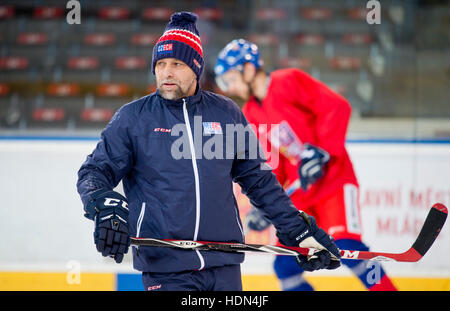 Prag, Tschechische Republik. 13. Dezember 2016. Trainer der tschechischen nationalen Hockey Team Josef Jandac in Aktion während des Trainings vor dem Channel One Cup-Turnier in Moskau und Helsinki in Prag, Tschechische Republik, 13. Dezember 2016. Das Turnier wird auf 15-18. Dezember gespielt. Die Tschechen werden Finnland in Helsinki am Donnerstag, den 15. Dezember spielen. Danach werden sie bewegen nach Moskau und Russland am Freitag spielen. Am Samstag werden sie Schweden spielen. © Vit Simanek/CTK Foto/Alamy Live-Nachrichten Stockfoto