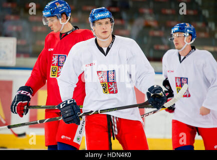 Prag, Tschechische Republik. 13. Dezember 2016. Tschechische Nationalmannschaft Eishockey-Spieler Dominik Kubalik (Mitte) in Aktion während des Trainings vor dem Channel One Cup-Turnier in Moskau und Helsinki in Prag, Tschechische Republik, 13. Dezember 2016. Das Turnier wird auf 15-18. Dezember gespielt. Die Tschechen werden Finnland in Helsinki am Donnerstag, den 15. Dezember spielen. Danach werden sie bewegen nach Moskau und Russland am Freitag spielen. Am Samstag werden sie Schweden spielen. © Vit Simanek/CTK Foto/Alamy Live-Nachrichten Stockfoto