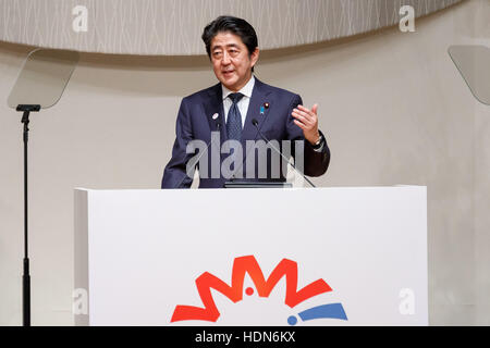 Tokio, Japan. 13. Dezember 2016. Der japanische Premierminister Shinzo Abe liefert die Eröffnungsrede auf der Weltversammlung für Frauen: WAW! 2016 am 13. Dezember 2016, Tokio, Japan. Weibliche Führungskräfte aus Politik, Wirtschaft, Sport und Gesellschaft sind WAW besuchen! 2016, die Rolle von Frauen in ihren Ländern und Zugehörigkeiten zu diskutieren. Bildnachweis: Aflo Co. Ltd./Alamy Live-Nachrichten Stockfoto
