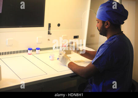 Anand, Gujarat, Indien. 16. November 2016. 16. November 2016: Anand - Indien. Eine Laborantin bei der Arbeit im Fertization Labor in Akanksha Krankenhaus & Forschungszentrum in Gujarat. © Subhash Sharma/ZUMA Draht/Alamy Live-Nachrichten Stockfoto