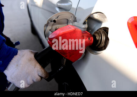 Shijiazhuang, Shijiazhuang, China. 14. Dezember 2016. Ein Arbeiter hilft ein Auto an einer Tankstelle in Shijiazhuang, Hebei-Provinz Nord-China, 14. Dezember 2016 zu tanken. China sah seine größte Benzin- und Dieselpreise in den vergangenen vier Jahren spät vor kurzem angetrieben die Ausgabe schneiden durch OPEC und anderen Herstellern erhöhen. Preise für Benzin und Diesel wurden von 435 Yuan ($63) und 420 Yuan pro Tonne, bzw. nach einer Meldung von der National Development and Reform Commission am 14. Dezember 2015 gewandert. Es war der 24. Preisanpassung für dieses Jahr. (Kredit-Bild: © SIPA Asien vi Stockfoto