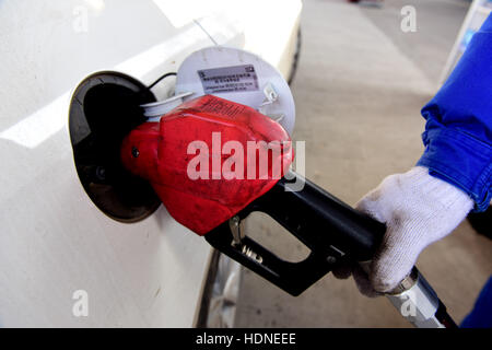 Shijiazhuang, Shijiazhuang, China. 14. Dezember 2016. Ein Arbeiter hilft ein Auto an einer Tankstelle in Shijiazhuang, Hebei-Provinz Nord-China, 14. Dezember 2016 zu tanken. China sah seine größte Benzin- und Dieselpreise in den vergangenen vier Jahren spät vor kurzem angetrieben die Ausgabe schneiden durch OPEC und anderen Herstellern erhöhen. Preise für Benzin und Diesel wurden von 435 Yuan ($63) und 420 Yuan pro Tonne, bzw. nach einer Meldung von der National Development and Reform Commission am 14. Dezember 2015 gewandert. Es war der 24. Preisanpassung für dieses Jahr. (Kredit-Bild: © SIPA Asien vi Stockfoto