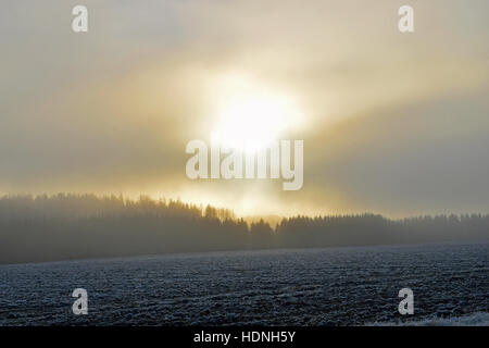 Sonne durch Wolken und Nebel. Ort: Aura, Finnland Stockfoto