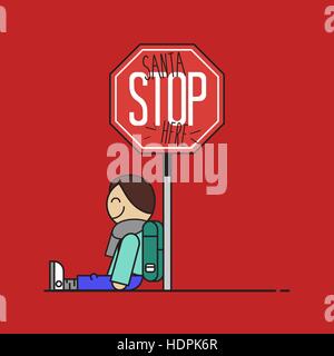 Santa Stoppschild hier von einem Kind gemacht. Flaches Design-Vektor-Illustration. Stock Vektor