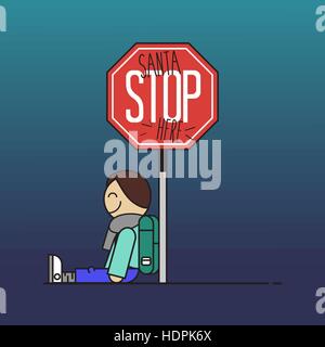 Santa Stoppschild hier von einem Kind gemacht. Flaches Design-Vektor-Illustration. Stock Vektor