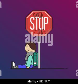 Santa Stoppschild hier von einem Kind gemacht. Flaches Design-Vektor-Illustration. Stock Vektor