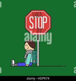 Santa Stoppschild hier von einem Kind gemacht. Flaches Design-Vektor-Illustration. Stock Vektor