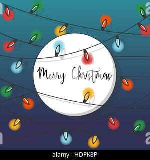 Frohe Weihnachten auf Tisch mit leuchtenden Lampen. Flaches Design-Vektor-Illustration. Stock Vektor