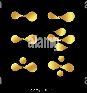 Isolierte goldene abstrakte Vektor-Logo-Set. Hellen Tropfen Farbe Abbildung. Wellig Formensammlung Tröpfchen. Ungewöhnliche Chips Zeichen auf schwarzem Hintergrund. Stock Vektor