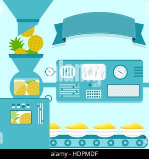 Vektor-Illustration der Fabrik zur Herstellung von Ananas Creme. Ananas-Sahne-Produktion aus frischer Ananas Frucht. Leeres Farbband für Text einfügen. Stock Vektor