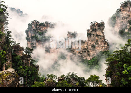 Nebligen steile Berggipfel - Nationalpark Zhangjiajie, China Stockfoto