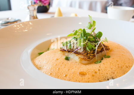 Köstliche gebratener Wolfsbarsch & Hummer Sauce auf einer Platte - soft-Fokus - Weichzeichner, weiße Balance abgestimmt Stockfoto