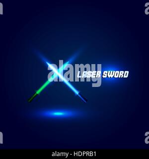 Logo der gekreuzten Lichtschwerter isoliert. Futuristischen Film Waffe Schriftzug. Sabre® mit Feuer-Kraft-Symbol. Lichtschwert-Zeichen. SciFi-glänzende Neon-Langschwert-Vektor-illustration Stock Vektor
