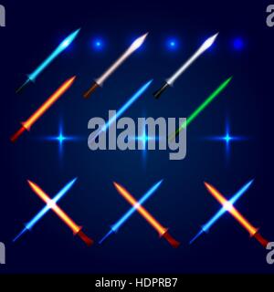 Isolierte blaue und rote Farbe gekreuzt Lichtschwerter Logo gesetzt. Futuristischen Film Waffe Schriftzug. Sabre® mit Feuer-Kraft-Symbol. Lichtschwert-Zeichen-Sammlung. SciFi-glänzende Neon-Langschwert-Vektor-Illustration. Stock Vektor
