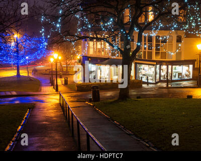 Lichterketten in den Bäumen auf Montpellier Hügel in der Abenddämmerung auf einem Misty Abend Harrogate North Yorkshire England Stockfoto