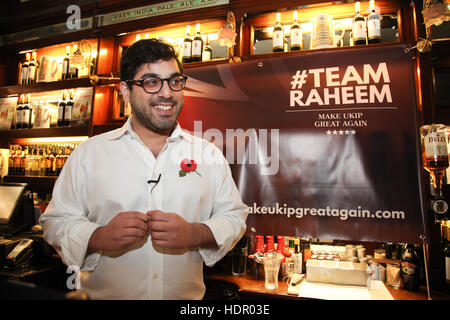 Raheem Kassam startet sein Gebot der nächste Führer der UKIP Party zu Party Unterstützer in der Westminster-Arms Pub in Westminster, London.  Mitwirkende: Raheem Kassam wo: London, Vereinigtes Königreich bei: 28. Oktober 2016 Stockfoto