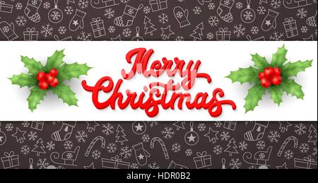 Frohe Weihnachten. Rot-Xmas Schriftzug Inschrift und Holly auf schwarzen Weihnachten Hintergrund mit Bäumen, Kugeln, Schlitten, Geschenke. Dekoration für Jahreszeiten gree Stock Vektor