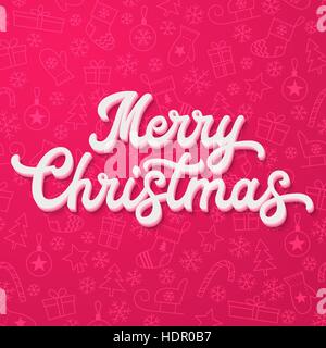 Weiß 3d Xmas Schriftzug auf rosa Weihnachten Hintergrund mit Bäumen, Kugeln, Schlitten, Geschenke. Xmas Dekoration für Jahreszeiten Grußkarten Design. Schriftart-Vektor-Illustration. Stock Vektor