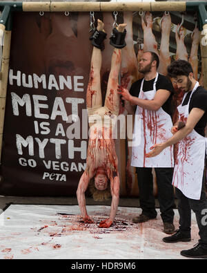 Grafischen Inhalt *** ein Mann aufgehängt ist und "Geschlachtet" während inszenierten Photocall für PeTA, auf Welt-Vegan-Tag in Marble Arch, London Featuring: Atmosphäre wo: London, Vereinigtes Königreich als: 1. November 2016 Stockfoto