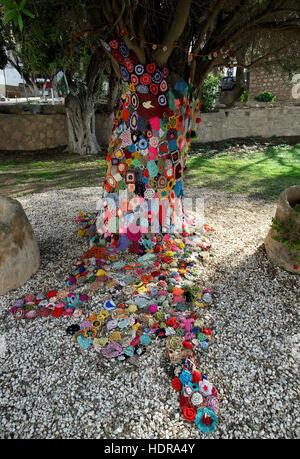 Ein Baum von gestrickten wollenen Blumen in einem Park Gladstonos in Paphos Altstadt eingerichtet. Stockfoto