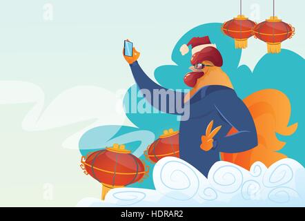 Cartoon Hahn Hipster, Selfie Foto auf Smartphone glücklich 2017 Neujahr Symbol Stock Vektor