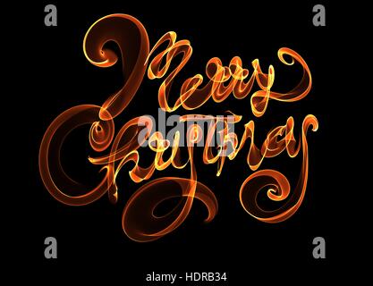 Frohe Weihnachten isoliert Text Schriftzug auf schwarzem Hintergrund mit Flamme Feuer Licht geschrieben. Farbe Orange-rot Stockfoto