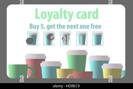 Eine Kundenkarte für ein Coffee-Shop bietet eine kostenlose Tasse Kaffee, nachdem Sie fünf Tassen bezahlen. Zeigt drei Löcher ausgestanzt. Stockfoto