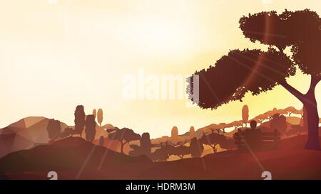 Abstrakt Wald Gebirge Sonnenuntergang mit Mann sitzt im Vordergrund - Vektor-Illustration Stock Vektor