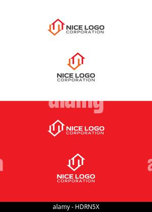 zwei Häuser-Logo, Farben rot und orange, zwei Pfeile nach oben und unten Stock Vektor