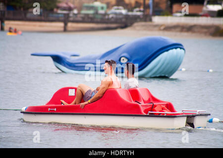 Gemischtrassig junge Erwachsene Steuern ein Tretboot über einen Aqua-Park in Newport Beach, CA. Hinweis aufgeblasenen dekorative Wal. Stockfoto