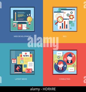 Satz von flachen Design Konzept-Ikonen für Web und mobile Dienste und apps. Symbole für Beratung, News, Seo, Web-Entwicklung. Stock Vektor