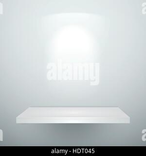 leer leere weiße Holzregal mit Beleuchtung Stock Vektor