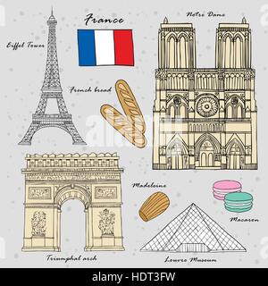 Reisekonzept von Frankreich in exquisiten handgezeichneten Stil Stock Vektor