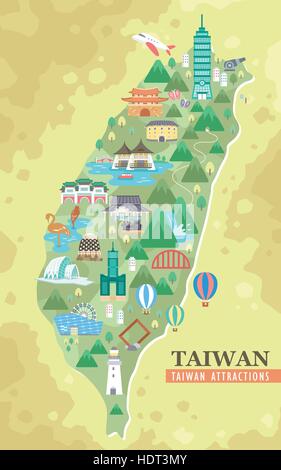 schöne Sehenswürdigkeiten in Taiwan Reisekarte im flat design Stock Vektor