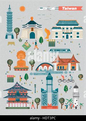 Taiwan Reisekonzept - Sehenswürdigkeiten-Sammlung im flat design Stock Vektor