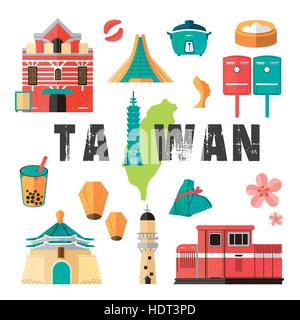 Taiwan Reisekonzept - Wahrzeichen und Gerichte Sammlung im flat Design Stock Vektor