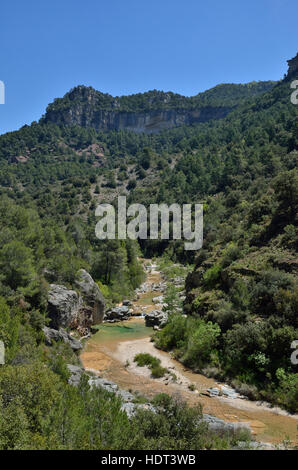 Der Fluss Embalsa fließt in das grüne Tal des Gebirges Prades. Dies ist eine große kalkhaltige massiv dicht bewaldet. Stockfoto