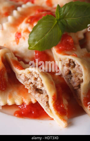 Ravioli gefüllt mit Fleisch in Tomatensauce mit einer Platte Großaufnahme. Vertikal Stockfoto