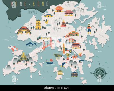 attraktive Hong Kong Reise-Karte mit Sehenswürdigkeiten Icons im flat design Stock Vektor