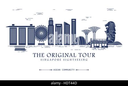 Singapur Reisen Konzeption mit Bucht Szene im flat design Stock Vektor