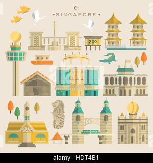 Singapur muss Attraktionen Sammlung im flat Design sehen. Stock Vektor