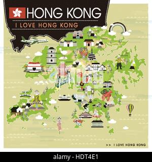 Hong Kong Reise-Karte mit Sehenswürdigkeiten im flat design Stock Vektor