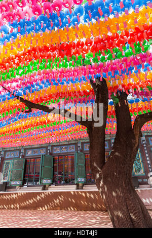 Baum, bunte Lampions und verzierten Fassade der Jogyesa-Tempel in Seoul, Südkorea. Stockfoto